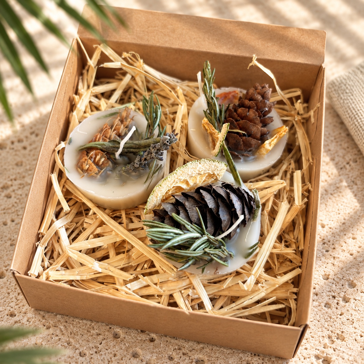 Three fire starters in a straw-lined box