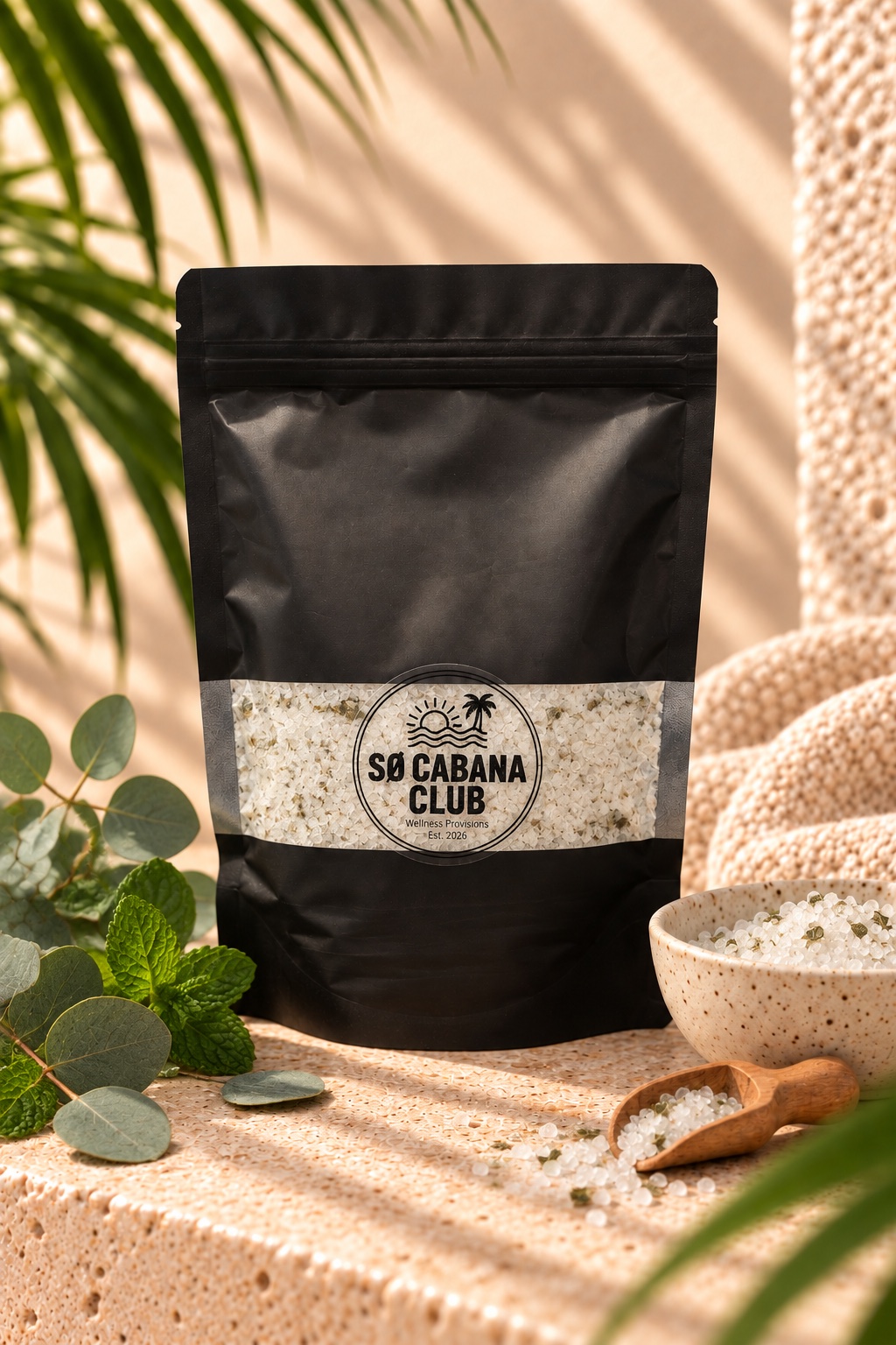 Winter Cabana bath soak pouch with eucalyptus and mint